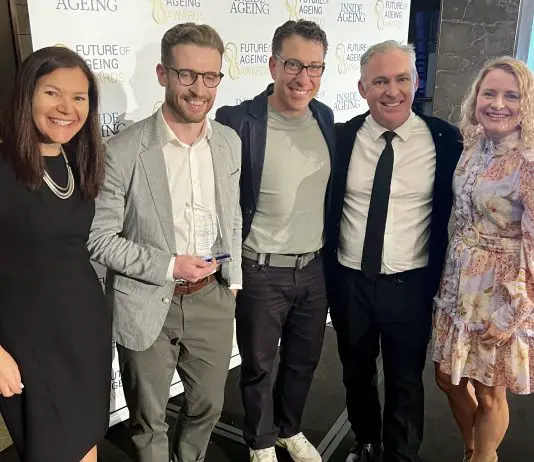 (l-r) The Mirus Australia team with 2023 award winner Marleen Galligan from Care Friends. Future of Ageing Awards presentation, Sydney, August 2024.